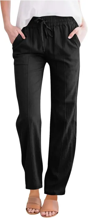 Womens Casual Linen Pants Summer Lightweight High Waist Loose Fit Lounge Pants Straight Leg Trousers with Pockets