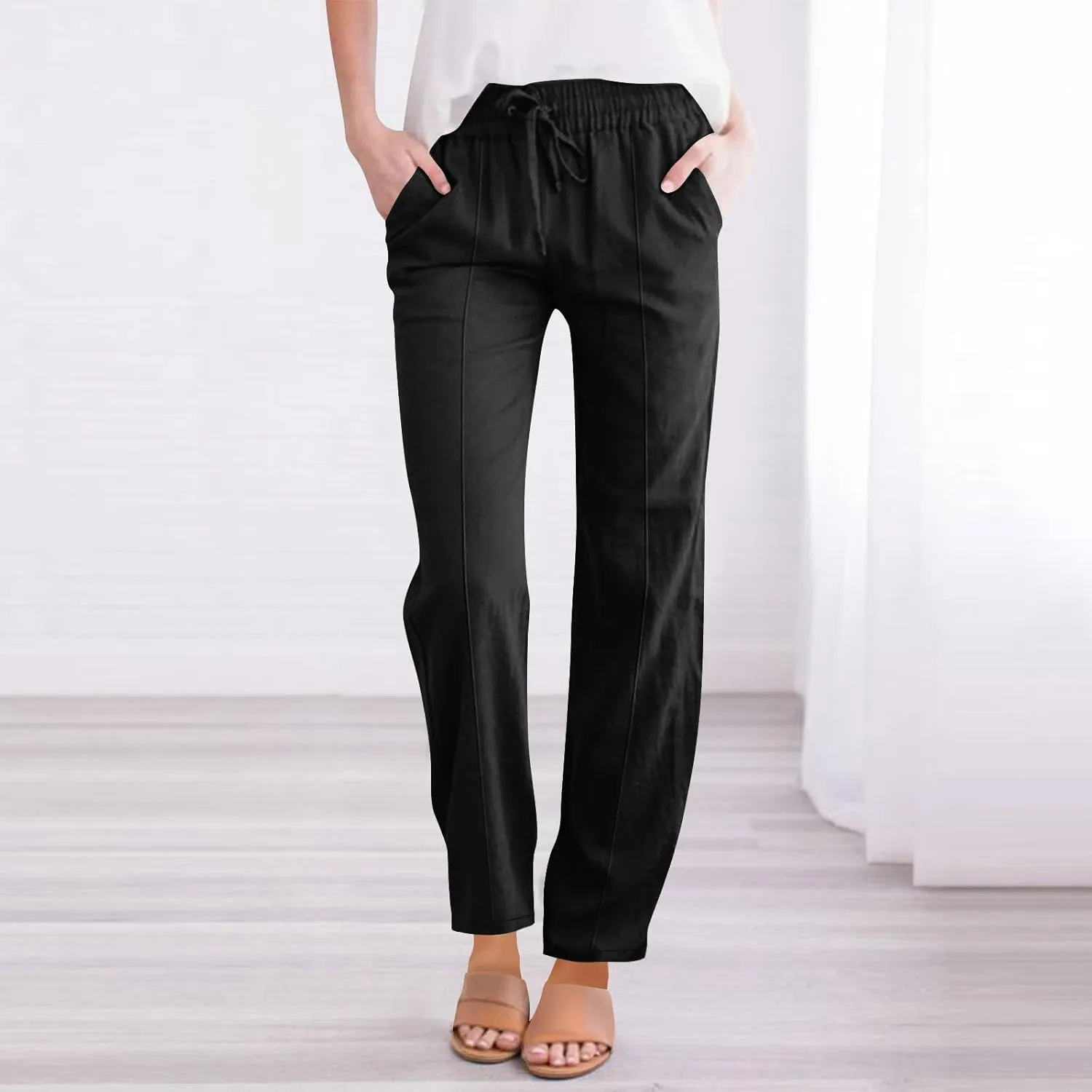 Womens Casual Linen Pants Summer Lightweight High Waist Loose Fit Lounge Pants Straight Leg Trousers with Pockets