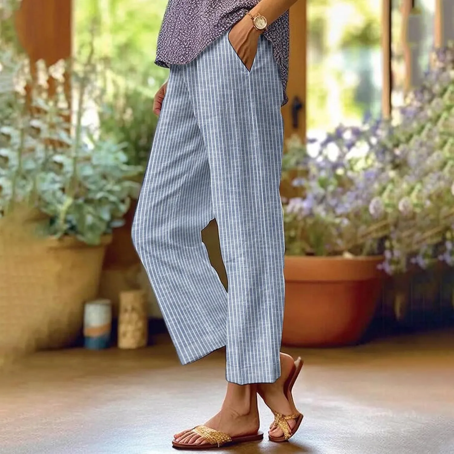 Women's Cotton Linen Capris Pants Elastic Waisted Drawstring Summer Casual Stripe Cropped Trousers Beach Baggy Slacks