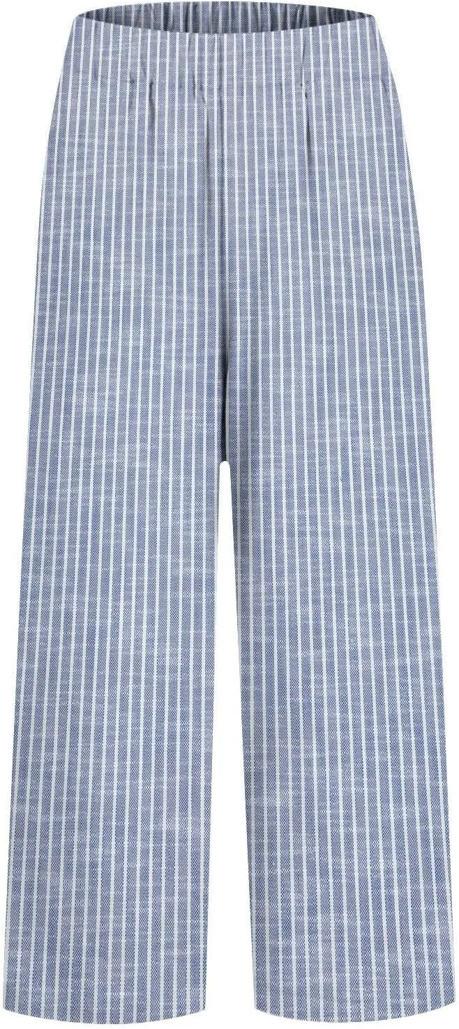 Women's Cotton Linen Capris Pants Elastic Waisted Drawstring Summer Casual Stripe Cropped Trousers Beach Baggy Slacks