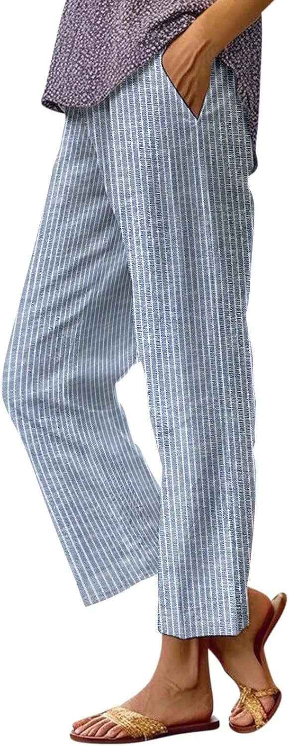 Women's Cotton Linen Capris Pants Elastic Waisted Drawstring Summer Casual Stripe Cropped Trousers Beach Baggy Slacks