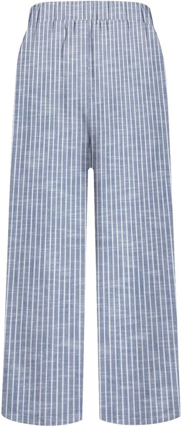 Women's Cotton Linen Capris Pants Elastic Waisted Drawstring Summer Casual Stripe Cropped Trousers Beach Baggy Slacks