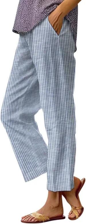 Women's Cotton Linen Capris Pants Elastic Waisted Drawstring Summer Casual Stripe Cropped Trousers Beach Baggy Slacks