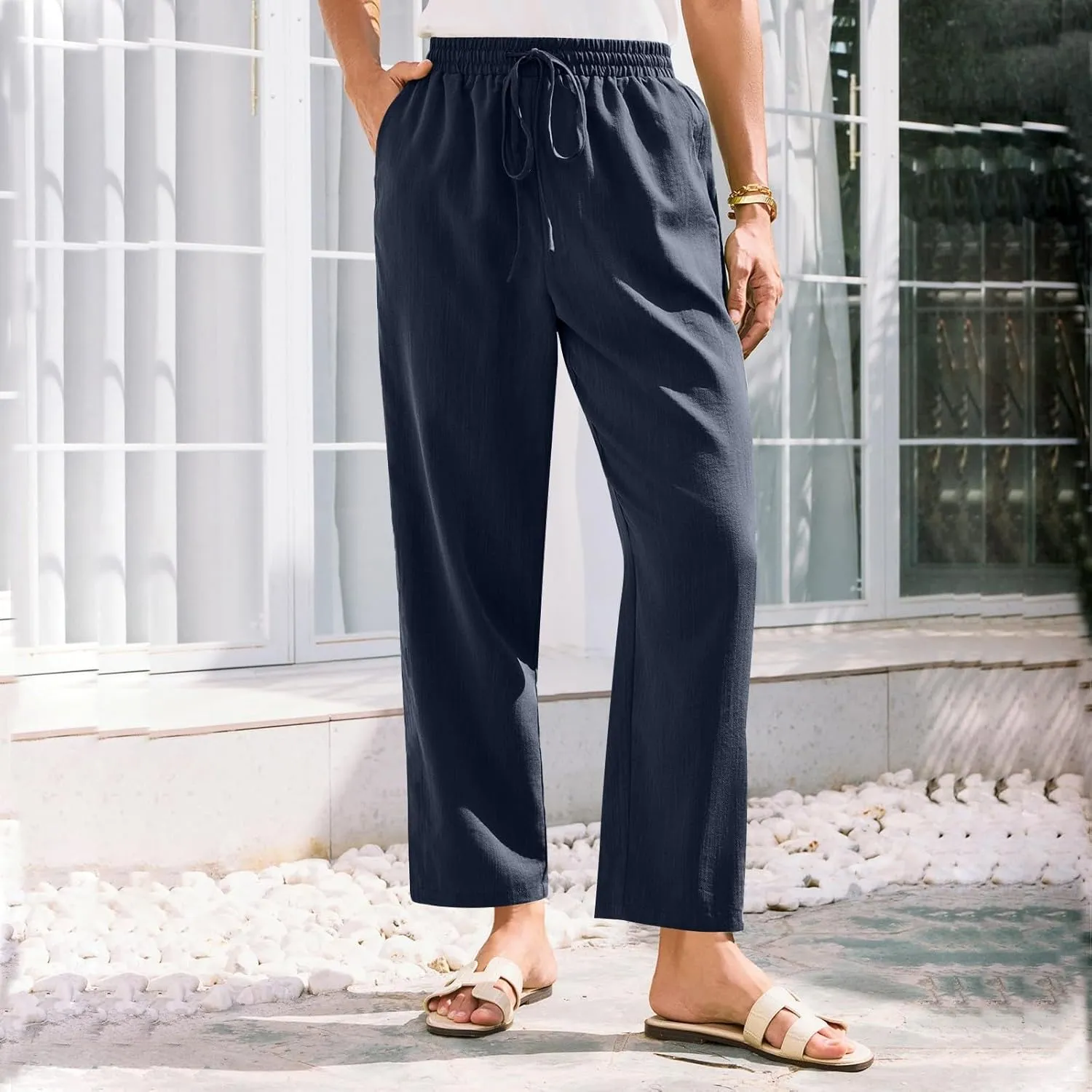 Women's Cotton Linen Straight Leg Pants Elastic Drawstring Trousers with Pockets Summer Beach Lounge Pants