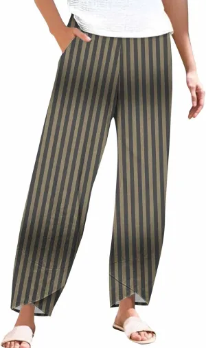 Womens Cotton Linen Striped Pants Wide Leg Comfy Trousers Fashionable Loose Straight Pant for Outdoor Hiking