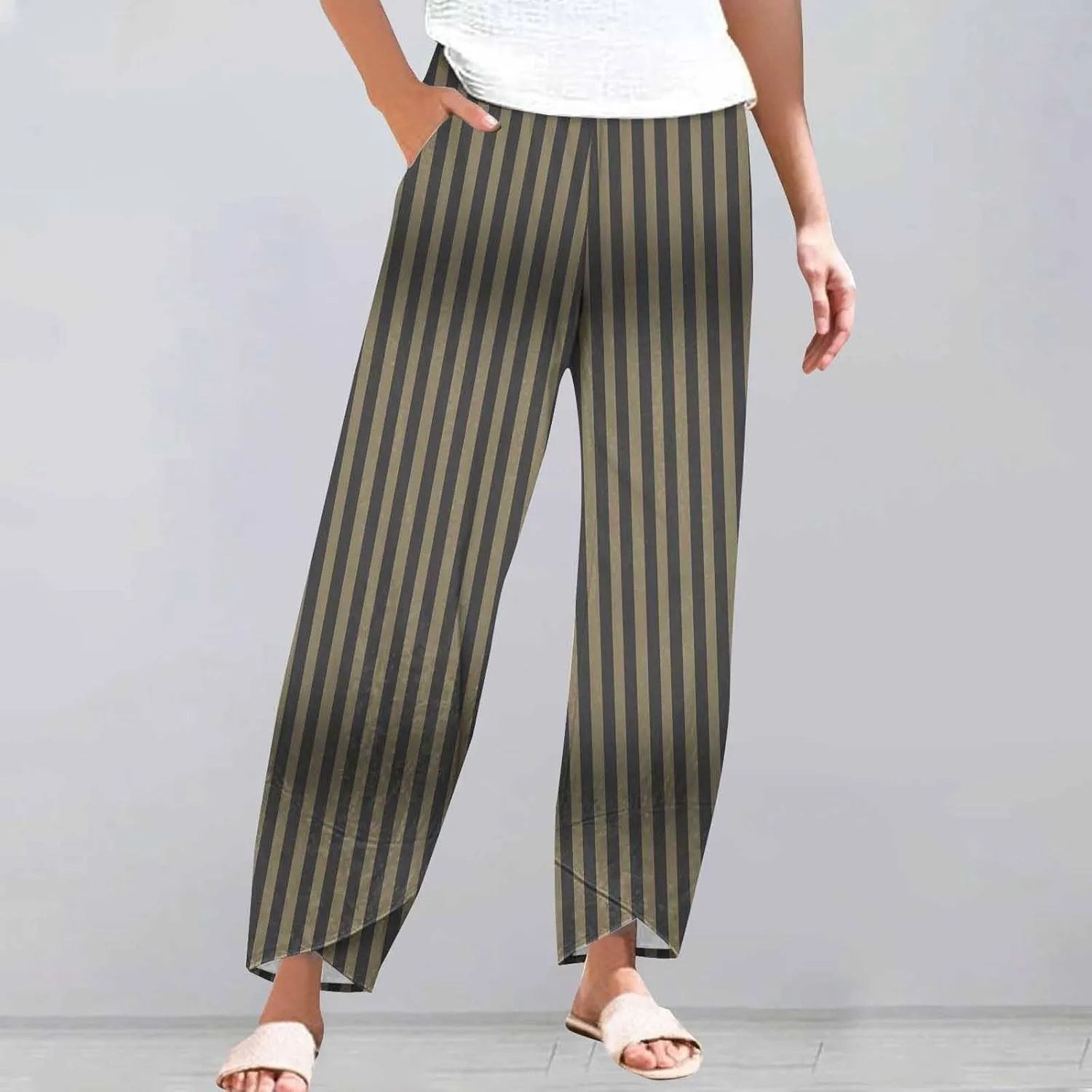 Womens Cotton Linen Striped Pants Wide Leg Comfy Trousers Fashionable Loose Straight Pant for Outdoor Hiking