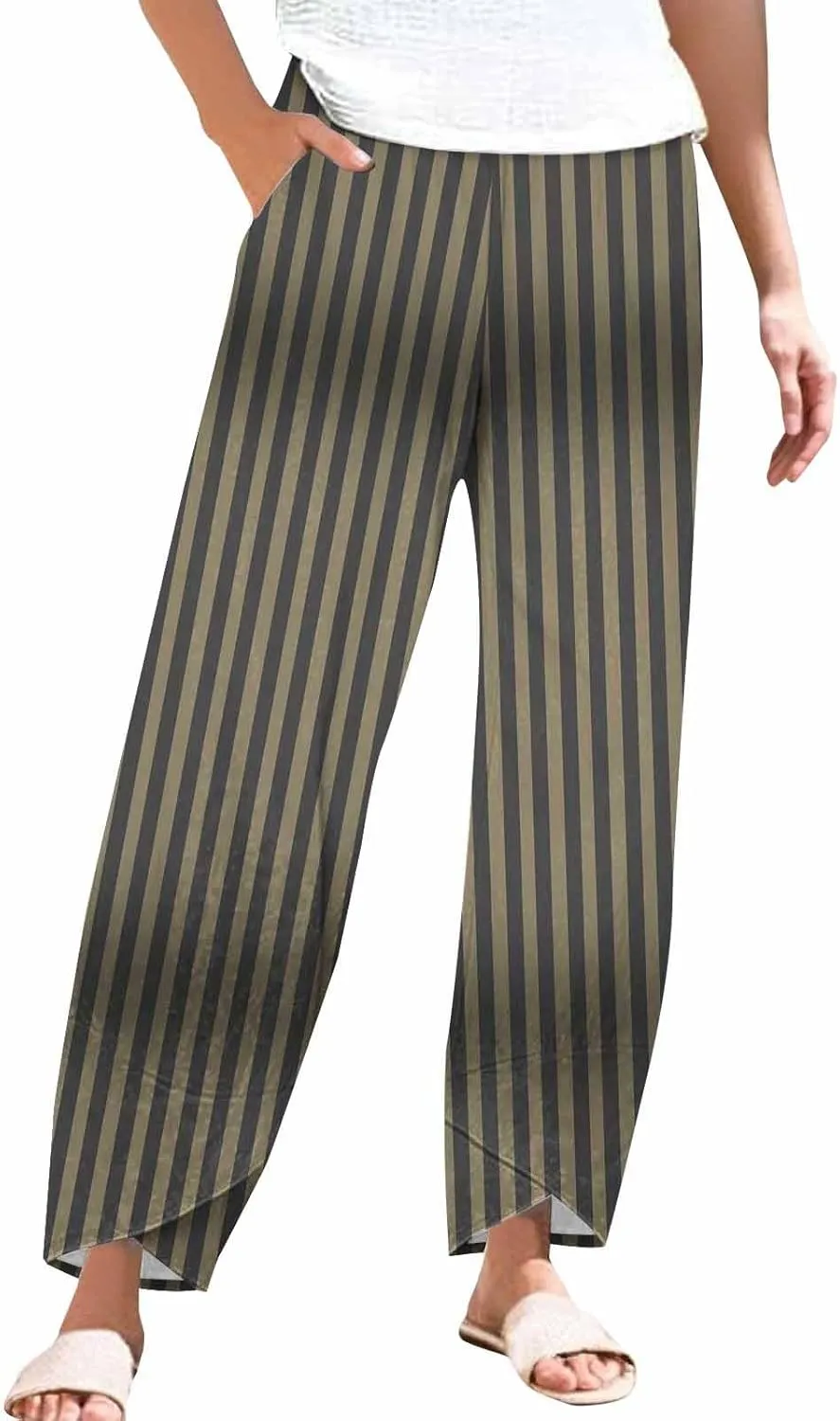 Womens Cotton Linen Striped Pants Wide Leg Comfy Trousers Fashionable Loose Straight Pant for Outdoor Hiking