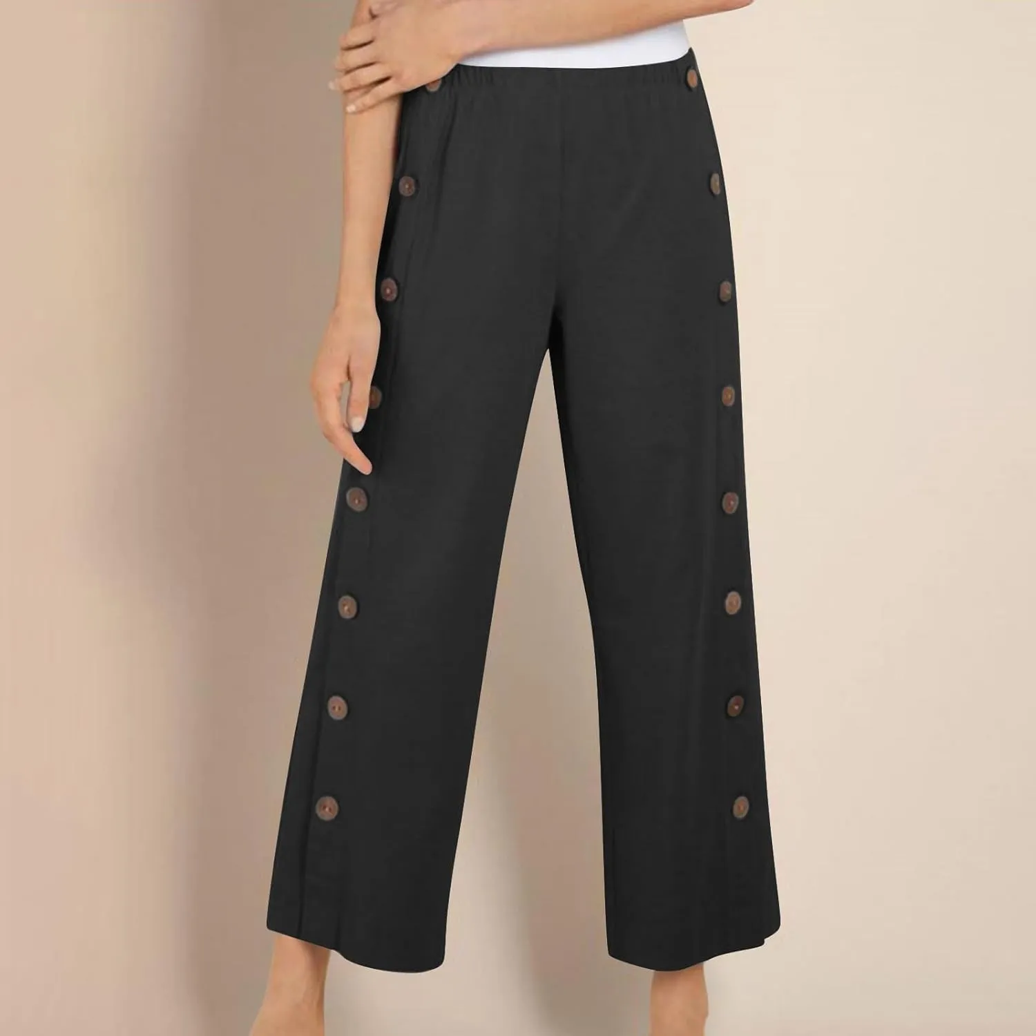 Womens Cotton Linen Summer Palazzo Pants Capri Casual Elastic Waisted Soild Trousers Fashion Side Button Slacks
