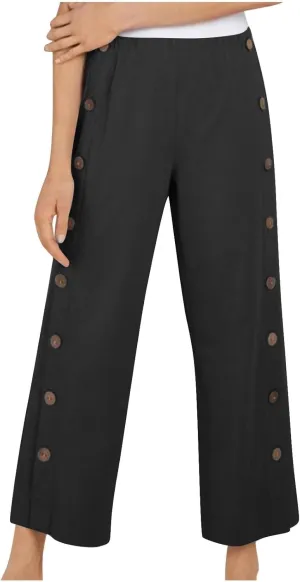 Womens Cotton Linen Summer Palazzo Pants Capri Casual Elastic Waisted Soild Trousers Fashion Side Button Slacks