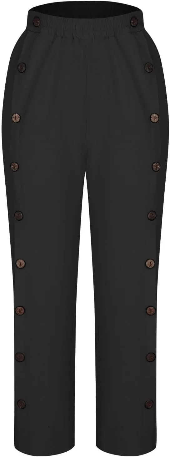 Womens Cotton Linen Summer Palazzo Pants Capri Casual Elastic Waisted Soild Trousers Fashion Side Button Slacks