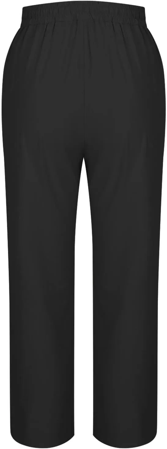 Womens Cotton Linen Summer Palazzo Pants Capri Casual Elastic Waisted Soild Trousers Fashion Side Button Slacks