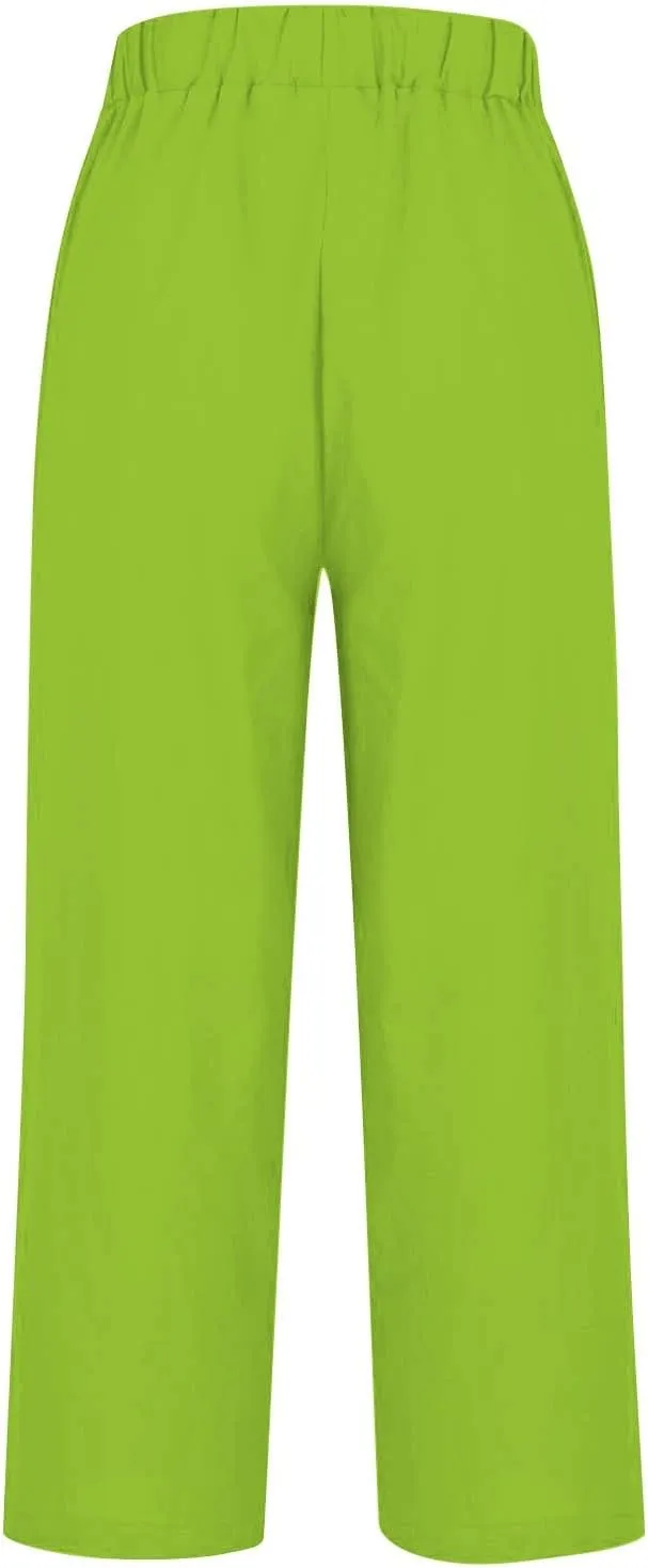 Womens Cropped Linen Pants Summer Elastic Waist Straight Leg Plus Size Crop Pants Casual Beach Trousers with Pockets