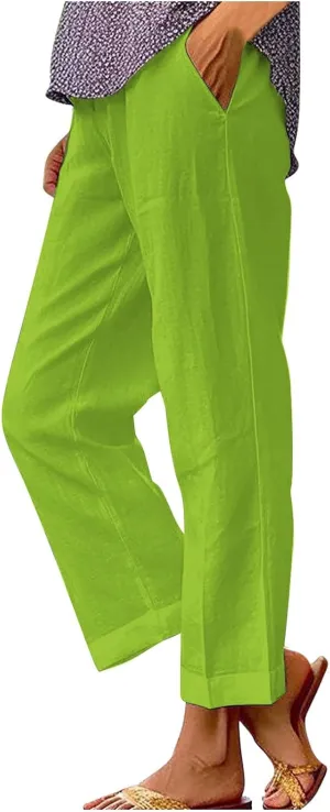 Womens Cropped Linen Pants Summer Elastic Waist Straight Leg Plus Size Crop Pants Casual Beach Trousers with Pockets