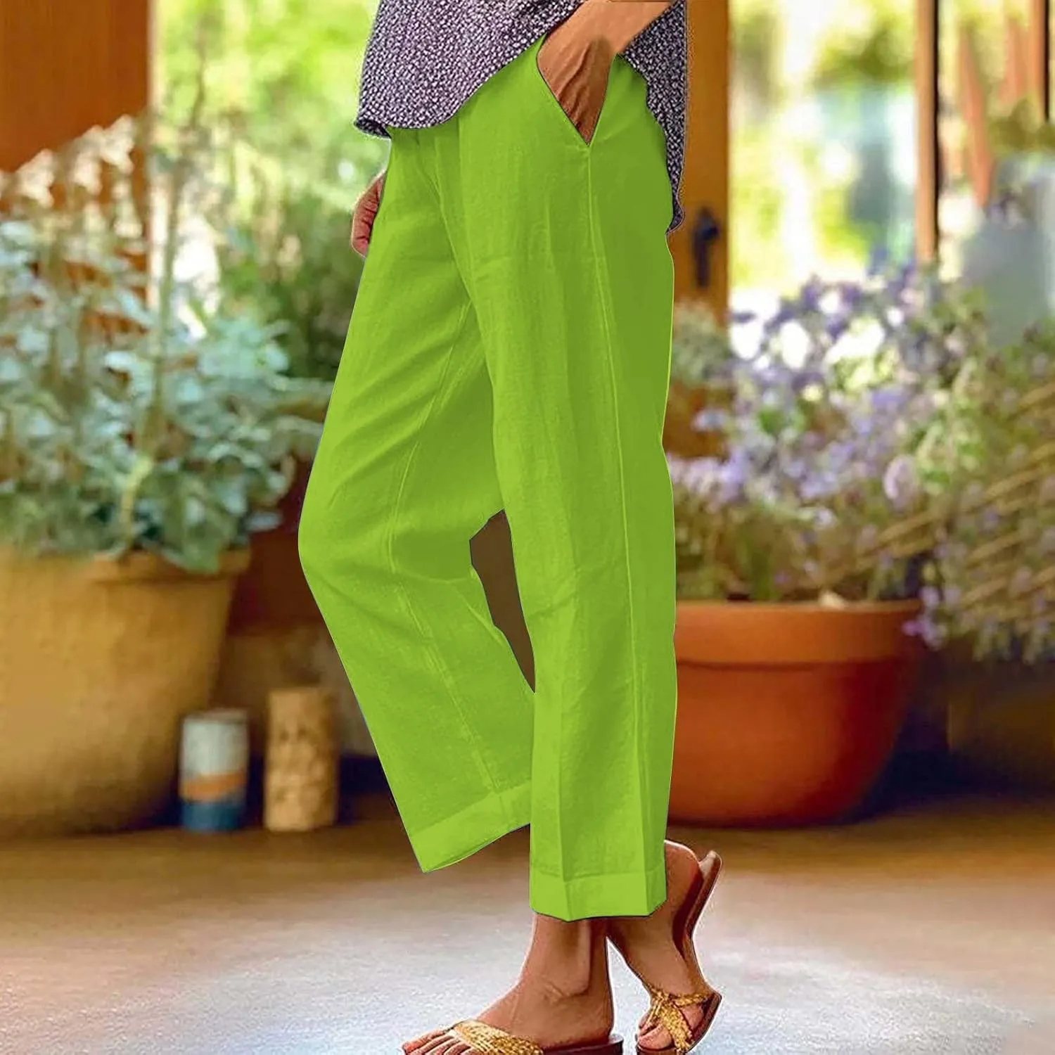 Womens Cropped Linen Pants Summer Elastic Waist Straight Leg Plus Size Crop Pants Casual Beach Trousers with Pockets