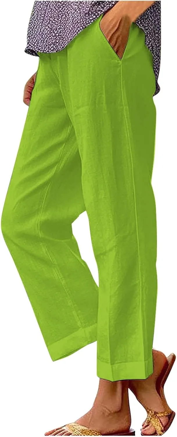 Womens Cropped Linen Pants Summer Elastic Waist Straight Leg Plus Size Crop Pants Casual Beach Trousers with Pockets