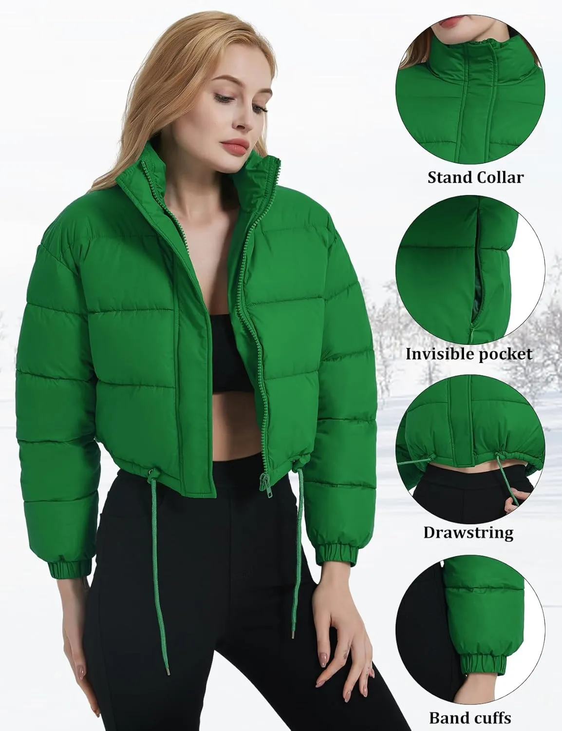 Womens Cropped Puffer Jacket Zip-Up Padded Quilted Short Coats Drawstring Winter Down Coat