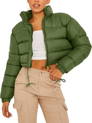 Womens Cropped Puffer Jacket Zip-Up Padded Quilted Short Coats Drawstring Winter Down Coat