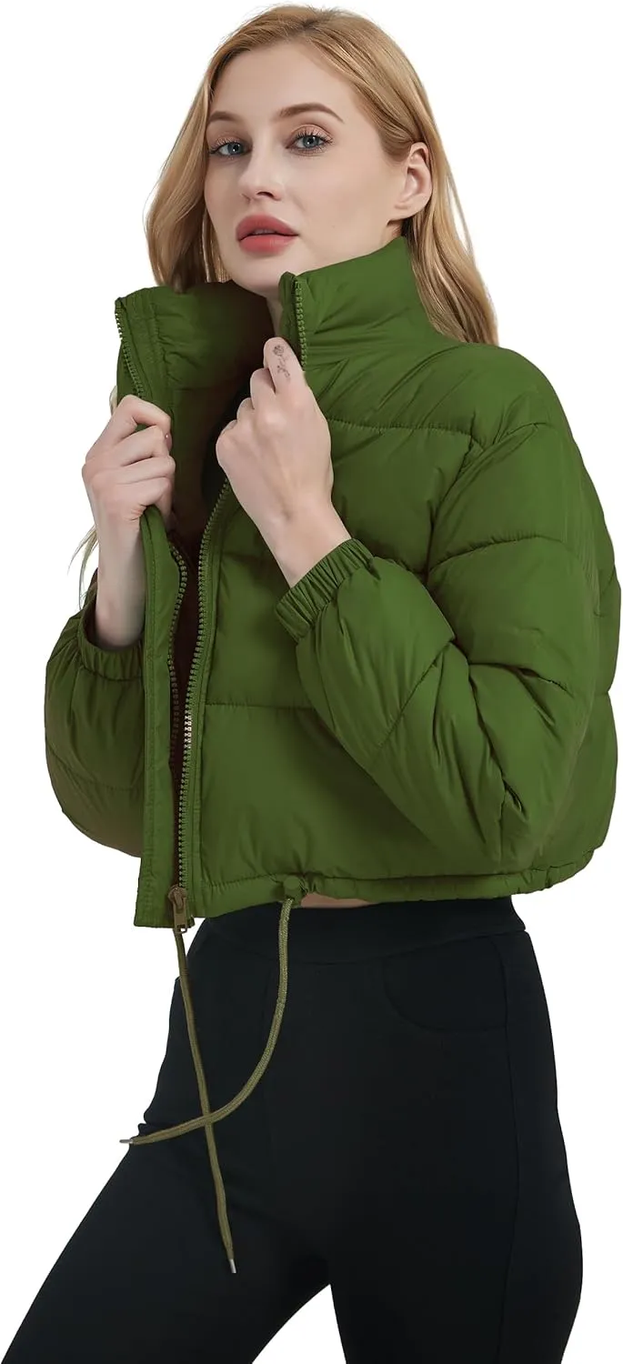 Womens Cropped Puffer Jacket Zip-Up Padded Quilted Short Coats Drawstring Winter Down Coat