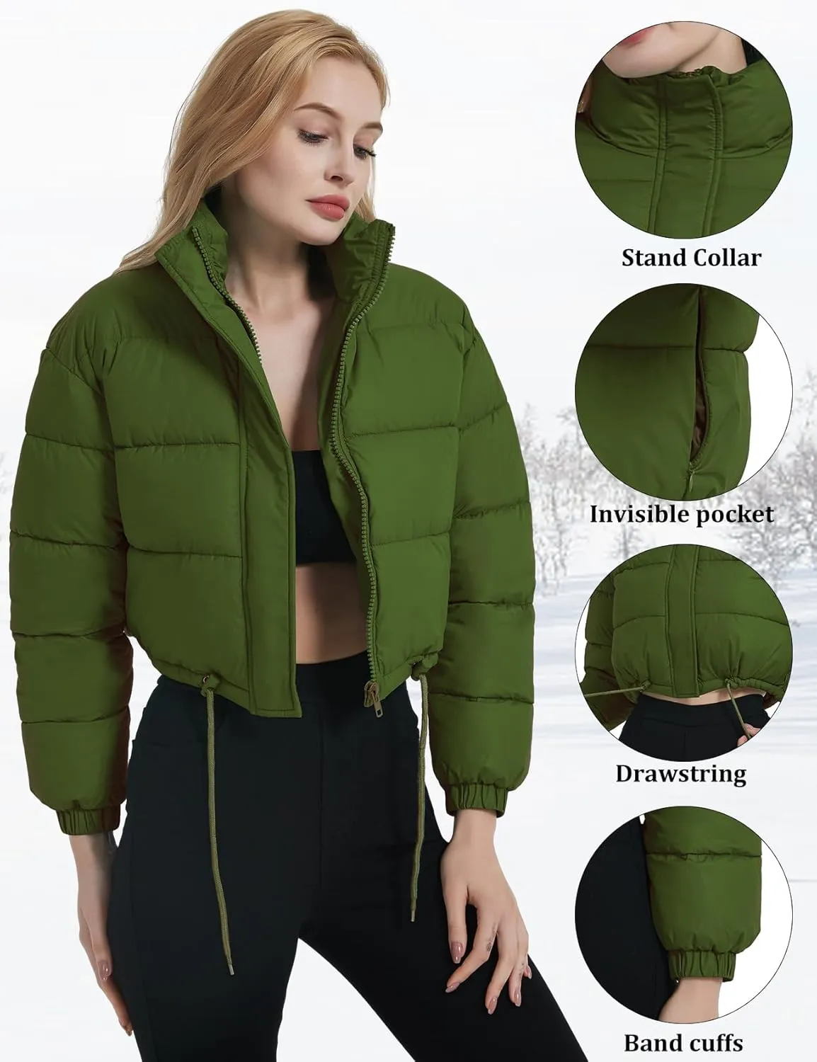 Womens Cropped Puffer Jacket Zip-Up Padded Quilted Short Coats Drawstring Winter Down Coat