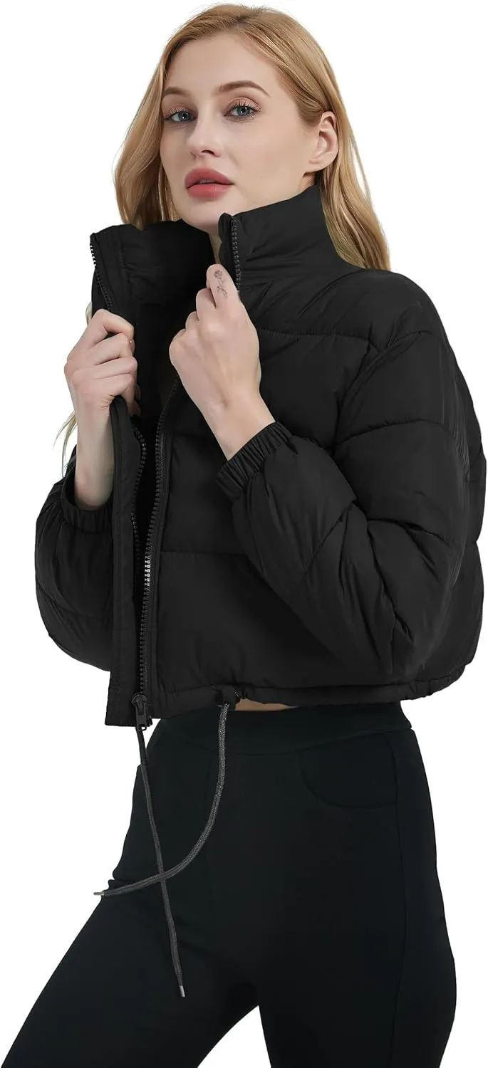 Womens Cropped Puffer Jacket Zip-Up Padded Quilted Short Coats Drawstring Winter Down Coat