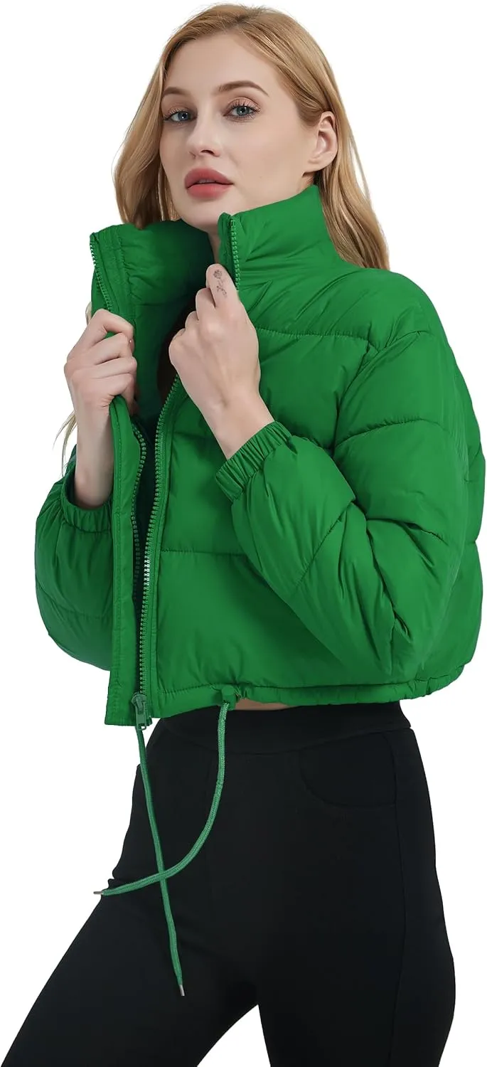 Womens Cropped Puffer Jacket Zip-Up Padded Quilted Short Coats Drawstring Winter Down Coat