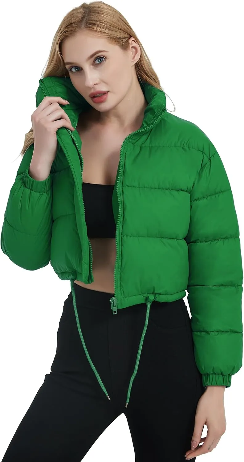 Womens Cropped Puffer Jacket Zip-Up Padded Quilted Short Coats Drawstring Winter Down Coat