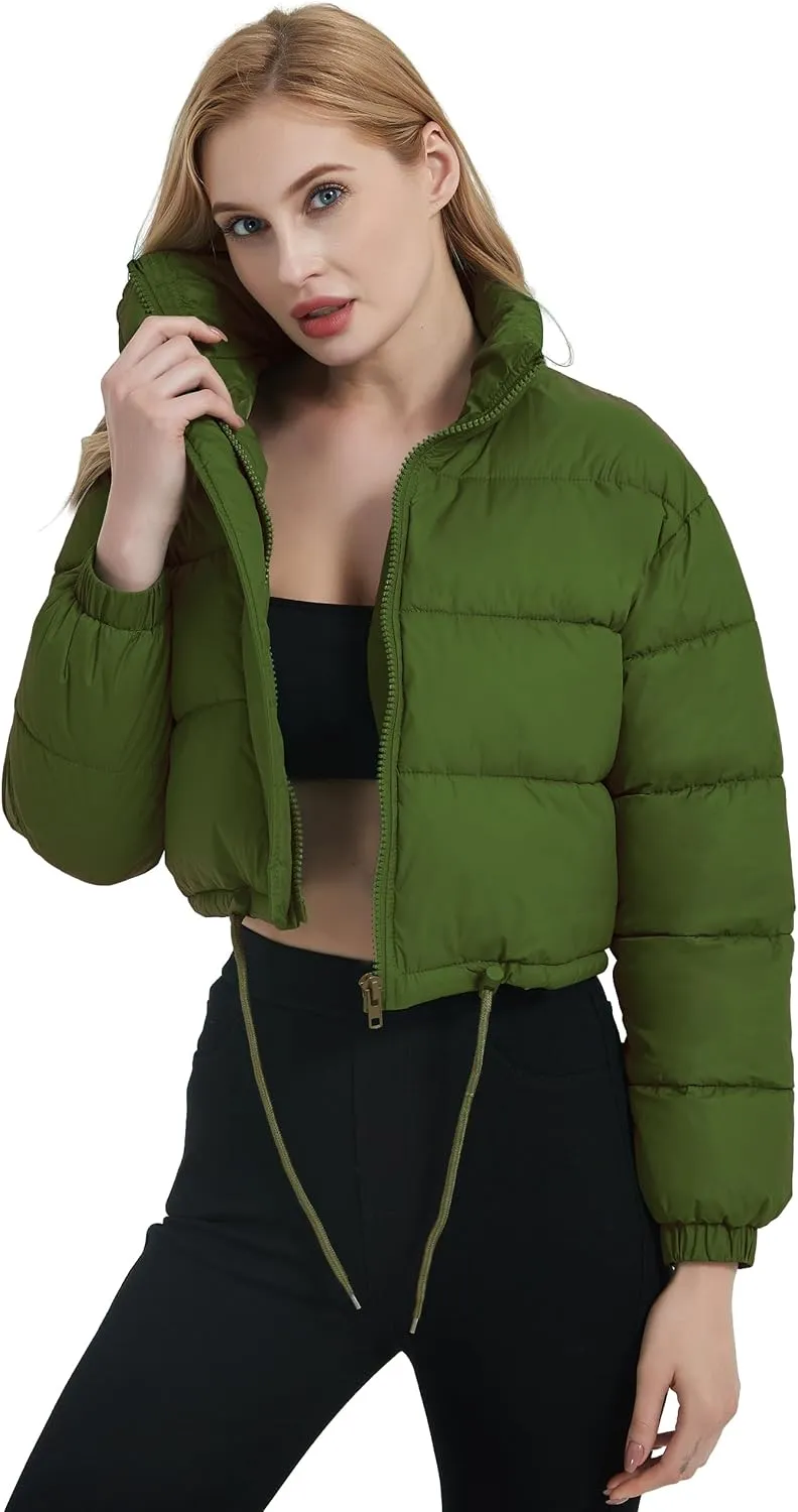 Womens Cropped Puffer Jacket Zip-Up Padded Quilted Short Coats Drawstring Winter Down Coat