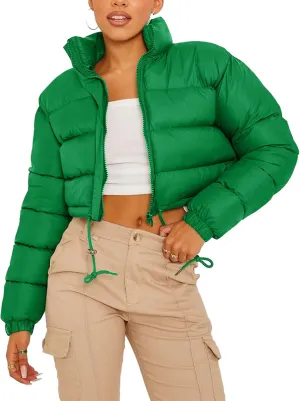 Womens Cropped Puffer Jacket Zip-Up Padded Quilted Short Coats Drawstring Winter Down Coat