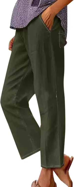 Womens Drawstring Casual Pant Cotton-Linen Loose Wide Leg Trousers Lightweight Summer Pants with Pockets