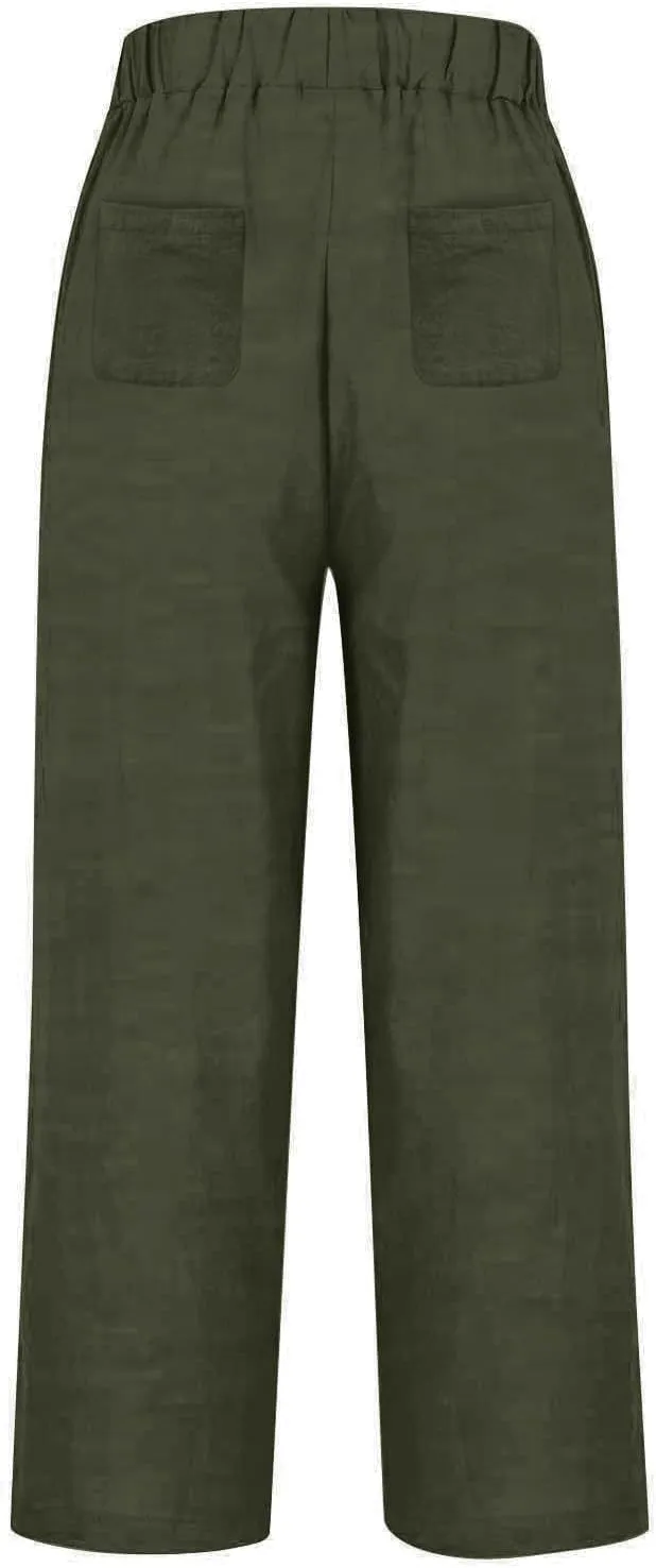Womens Drawstring Casual Pant Cotton-Linen Loose Wide Leg Trousers Lightweight Summer Pants with Pockets