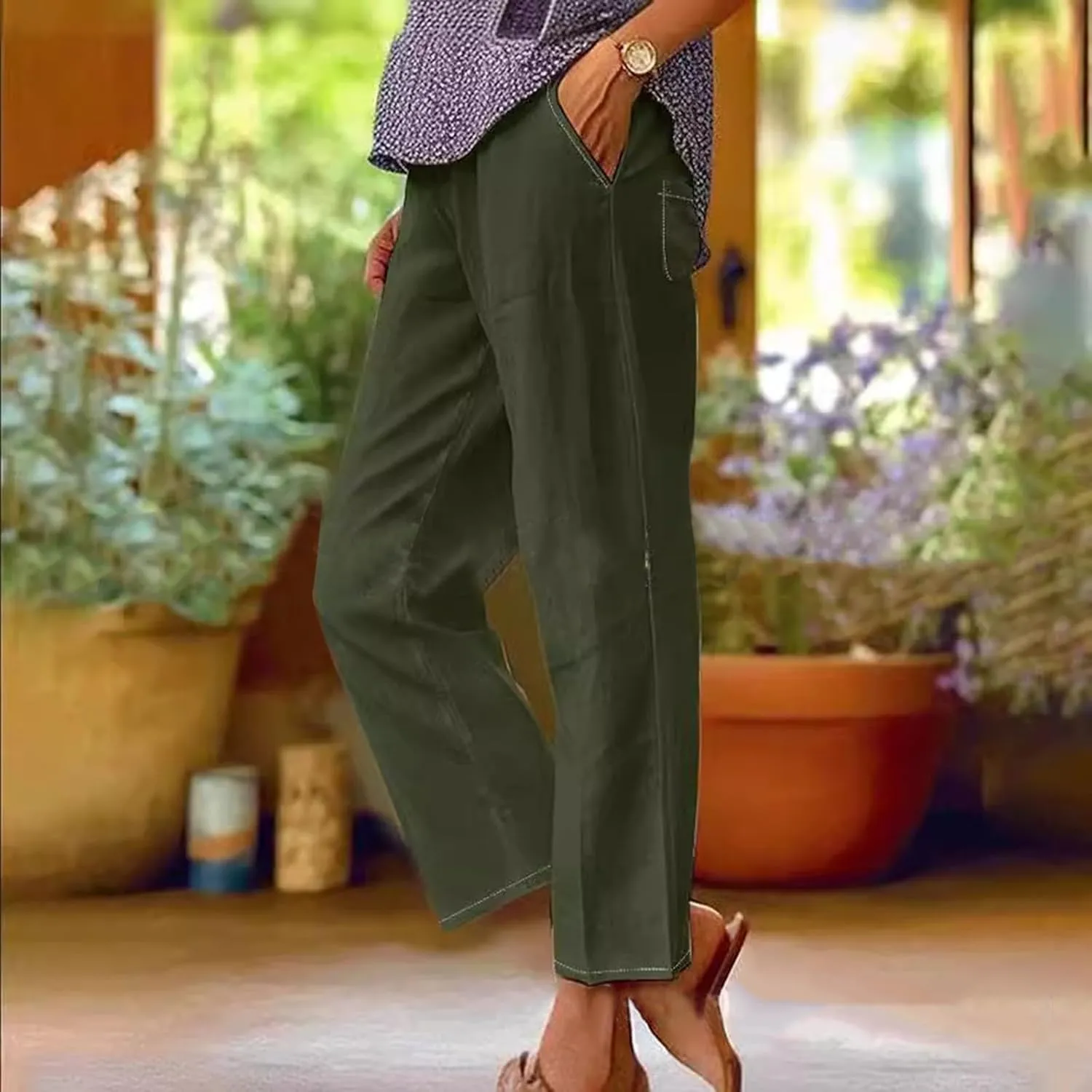 Womens Drawstring Casual Pant Cotton-Linen Loose Wide Leg Trousers Lightweight Summer Pants with Pockets