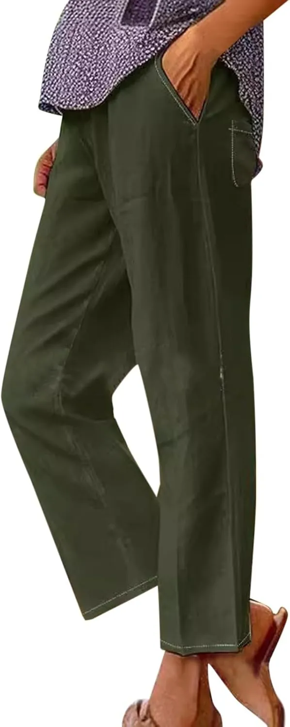 Womens Drawstring Casual Pant Cotton-Linen Loose Wide Leg Trousers Lightweight Summer Pants with Pockets