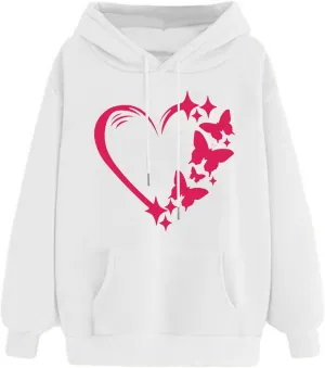 Womens Fashion Graphic Hoodies Long Sleeve Heart Print Drawstring Pocket Loose Fitted Casual Sweatshirt Pullover Tops