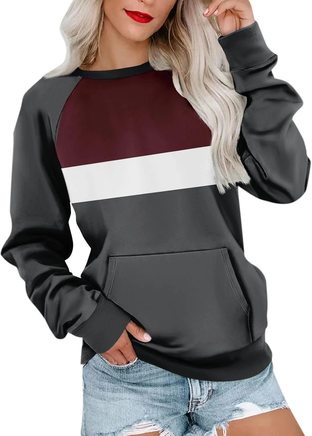 Women's Fashion Sweatshirt 2024 Casual Loose Splicing Color Block Hoodless Wide Hem Long Sleeve Fall outfits Clothes