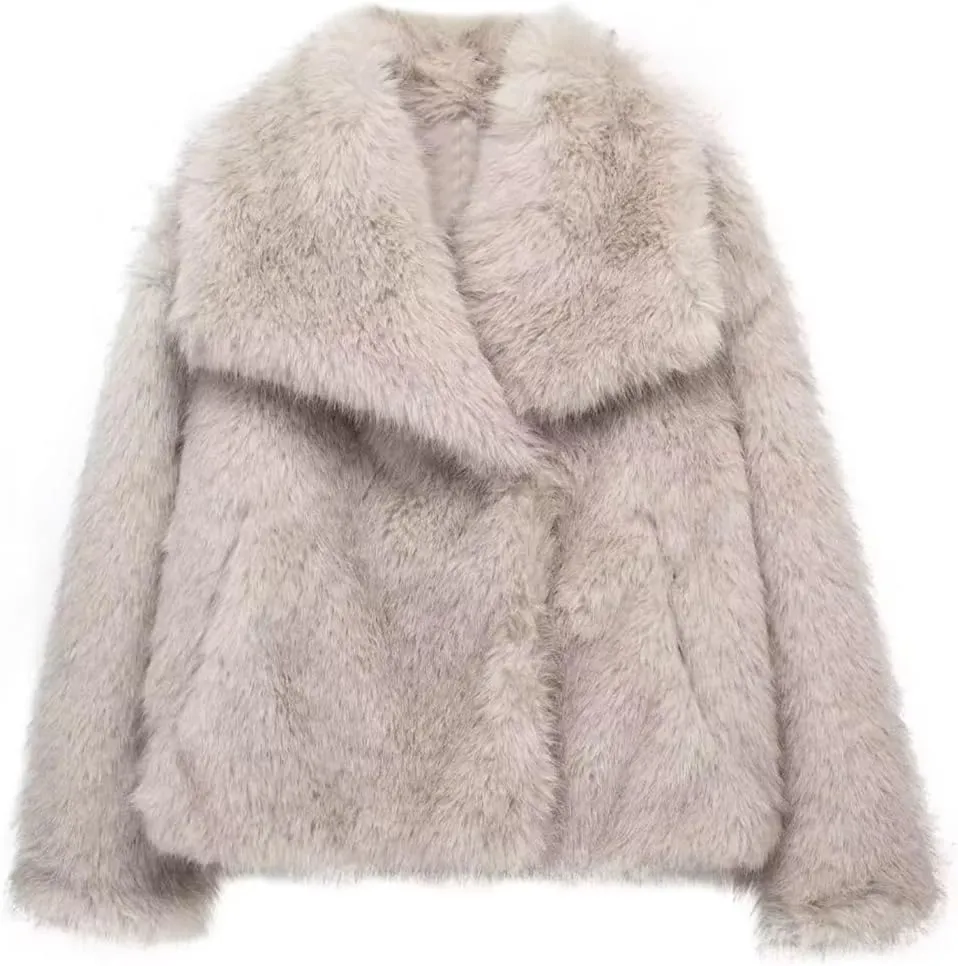 Womens Faux Fur Jackets Long Sleeve Open Front Fluffy Coats Winter Fluffy Faux Fur Coats Casual Loose Lapel Coat