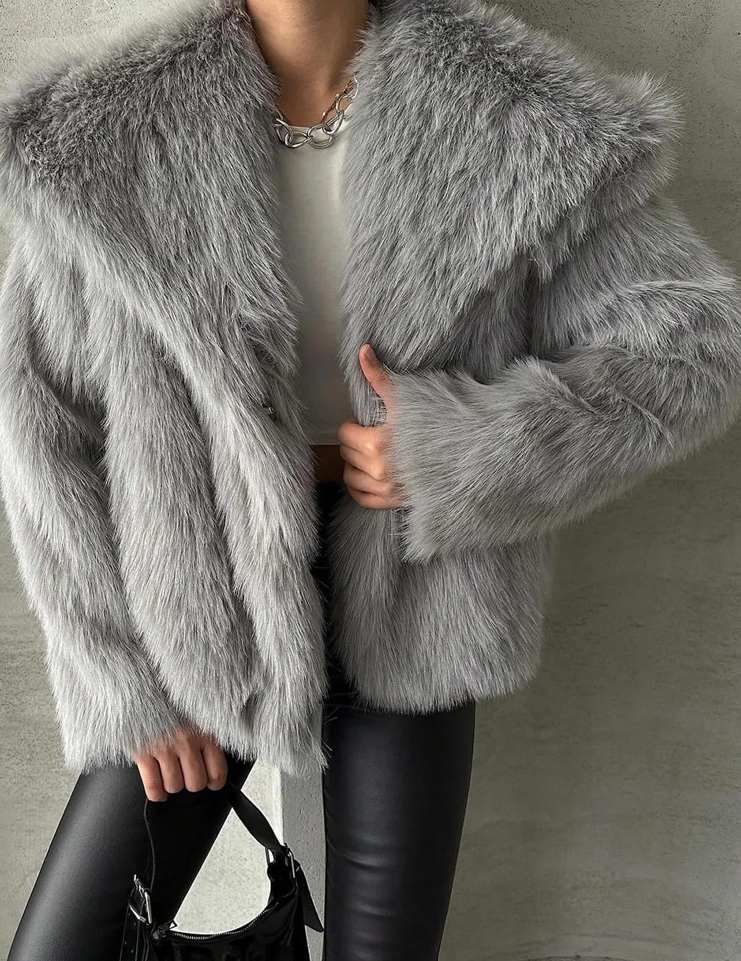 Womens Faux Fur Jackets Long Sleeve Open Front Fluffy Coats Winter Fluffy Faux Fur Coats Casual Loose Lapel Coat