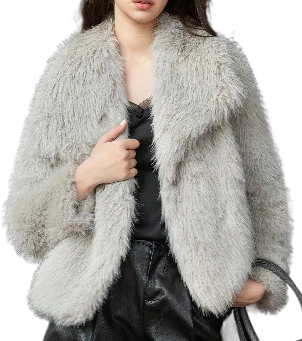Womens Faux Fur Jackets Long Sleeve Open Front Fluffy Coats Winter Fluffy Faux Fur Coats Casual Loose Lapel Coat
