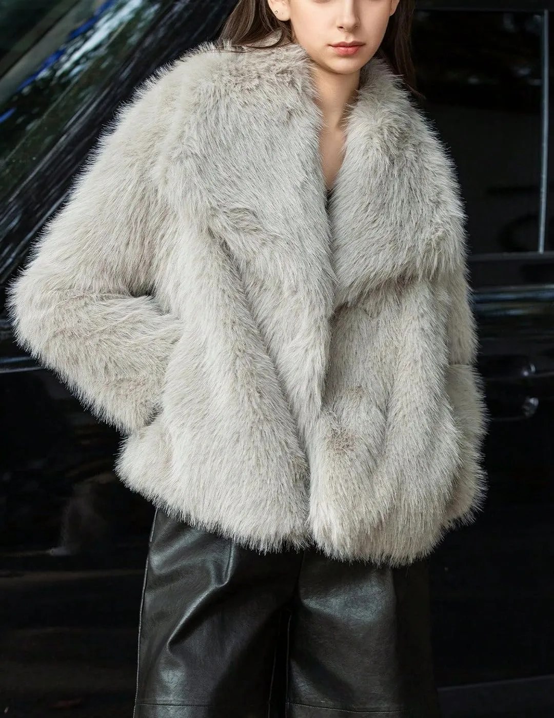 Womens Faux Fur Jackets Long Sleeve Open Front Fluffy Coats Winter Fluffy Faux Fur Coats Casual Loose Lapel Coat