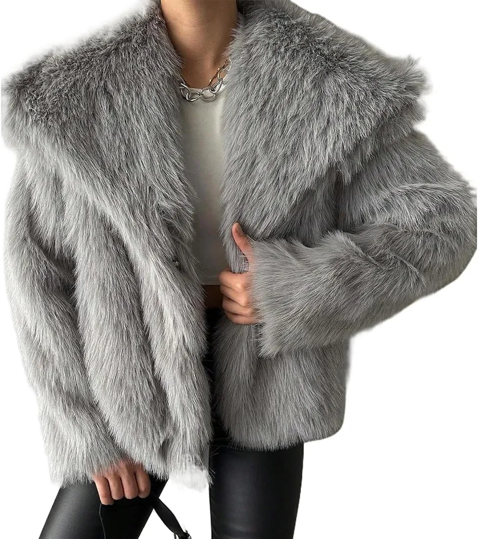 Womens Faux Fur Jackets Long Sleeve Open Front Fluffy Coats Winter Fluffy Faux Fur Coats Casual Loose Lapel Coat