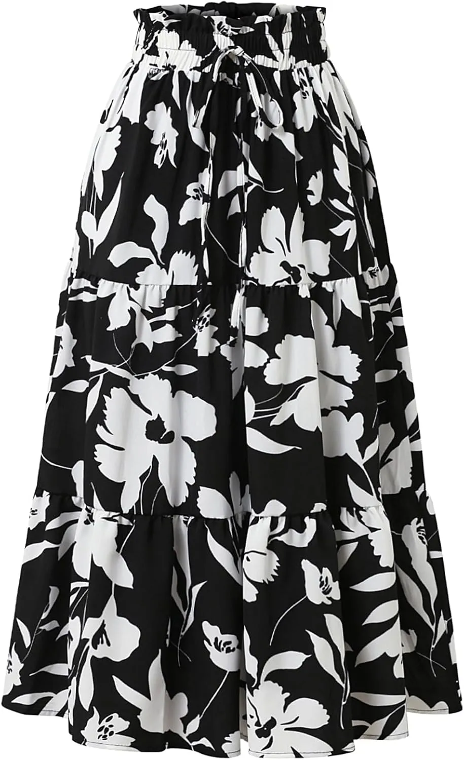 Women's Floral Tiered Midi Skirt Elastic Waist Dressy Casual A-line Summer Boho Skirts
