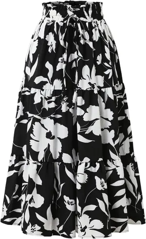 Women's Floral Tiered Midi Skirt Elastic Waist Dressy Casual A-line Summer Boho Skirts