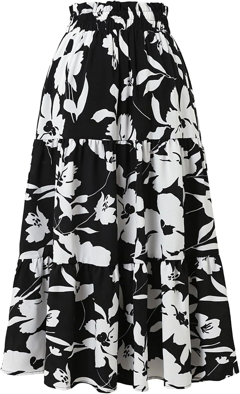 Women's Floral Tiered Midi Skirt Elastic Waist Dressy Casual A-line Summer Boho Skirts