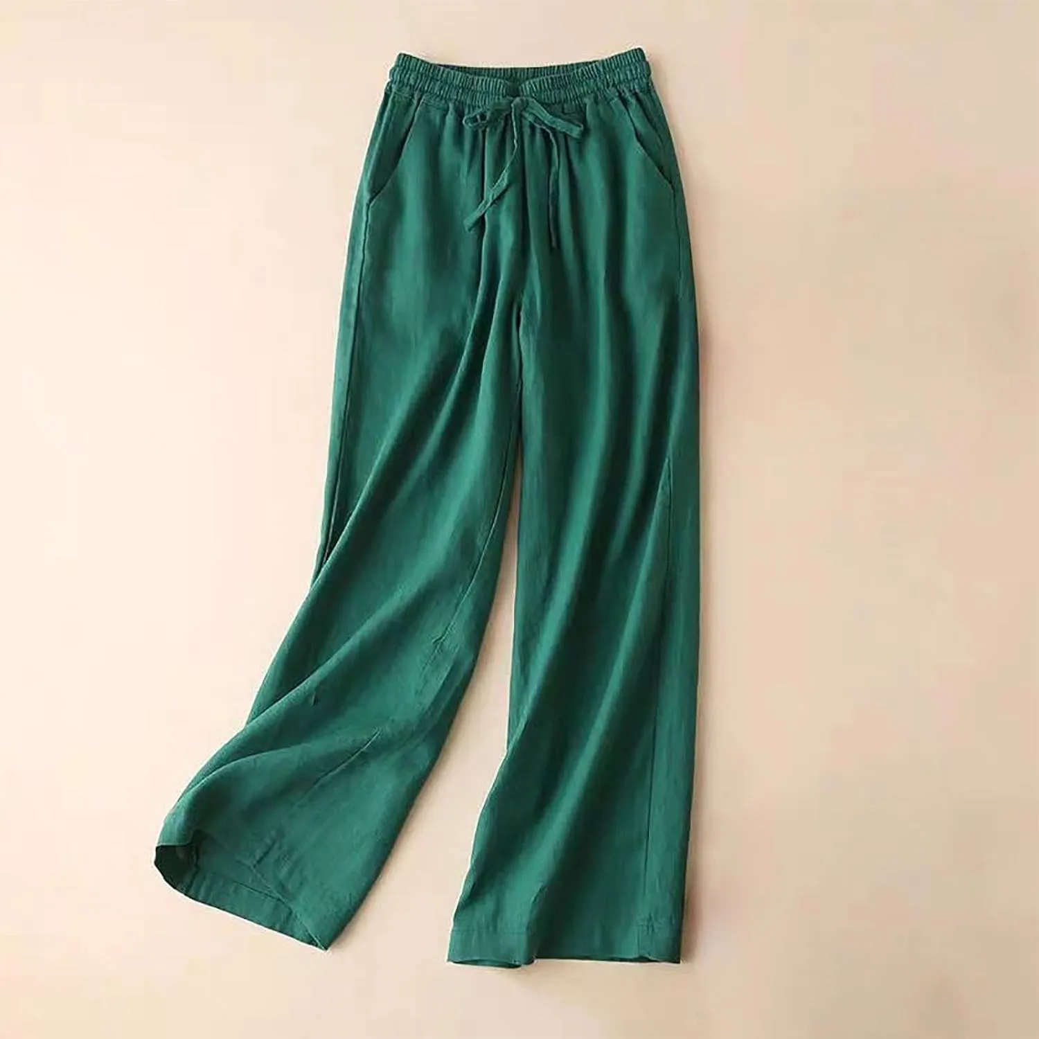 Women's High Waist Linen Wide Leg Pants - Lightweight Solid Color Loose Fit Trousers, Slimming Summer Palazzo Pants
