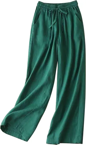 Women's High Waist Linen Wide Leg Pants - Lightweight Solid Color Loose Fit Trousers, Slimming Summer Palazzo Pants