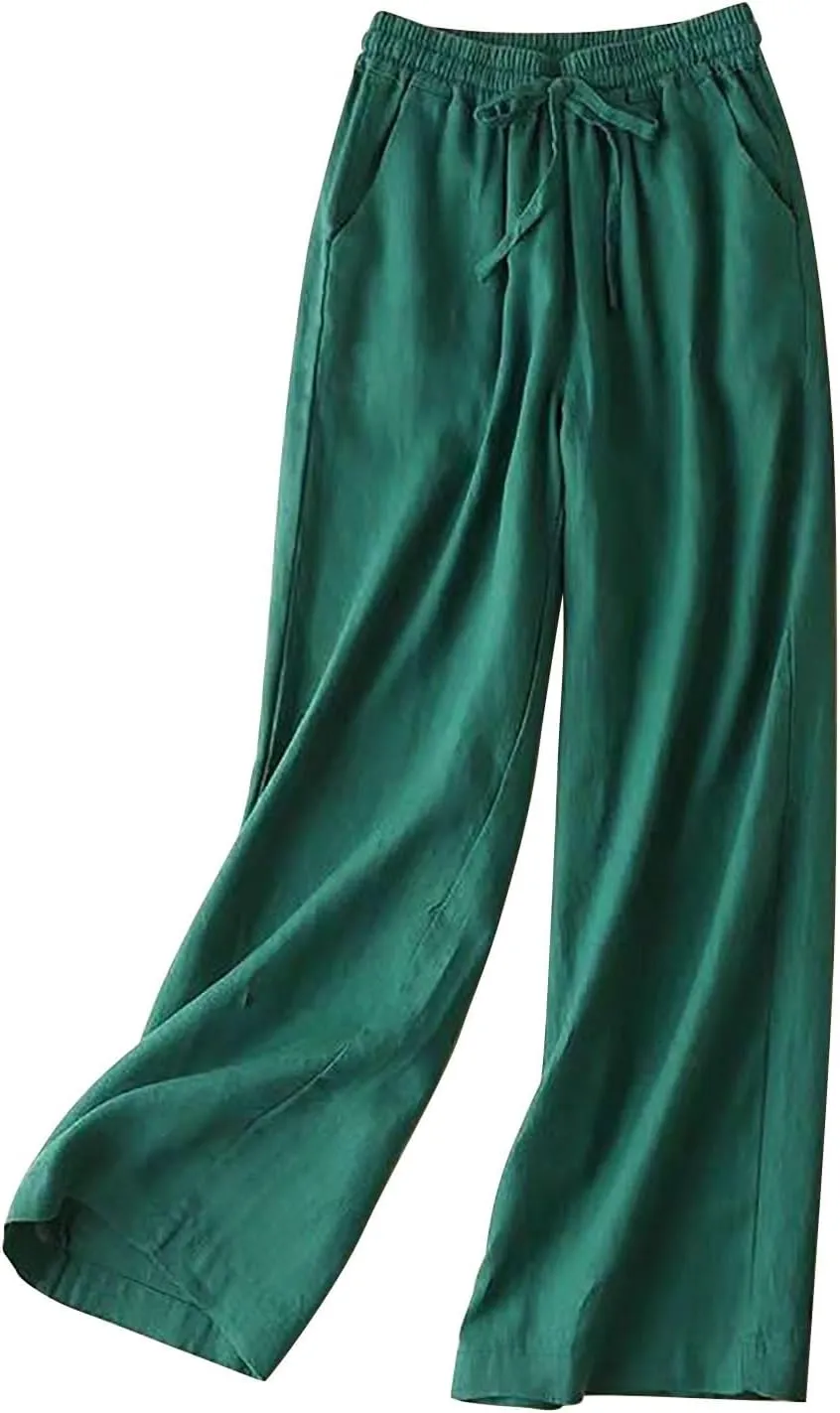 Women's High Waist Linen Wide Leg Pants - Lightweight Solid Color Loose Fit Trousers, Slimming Summer Palazzo Pants