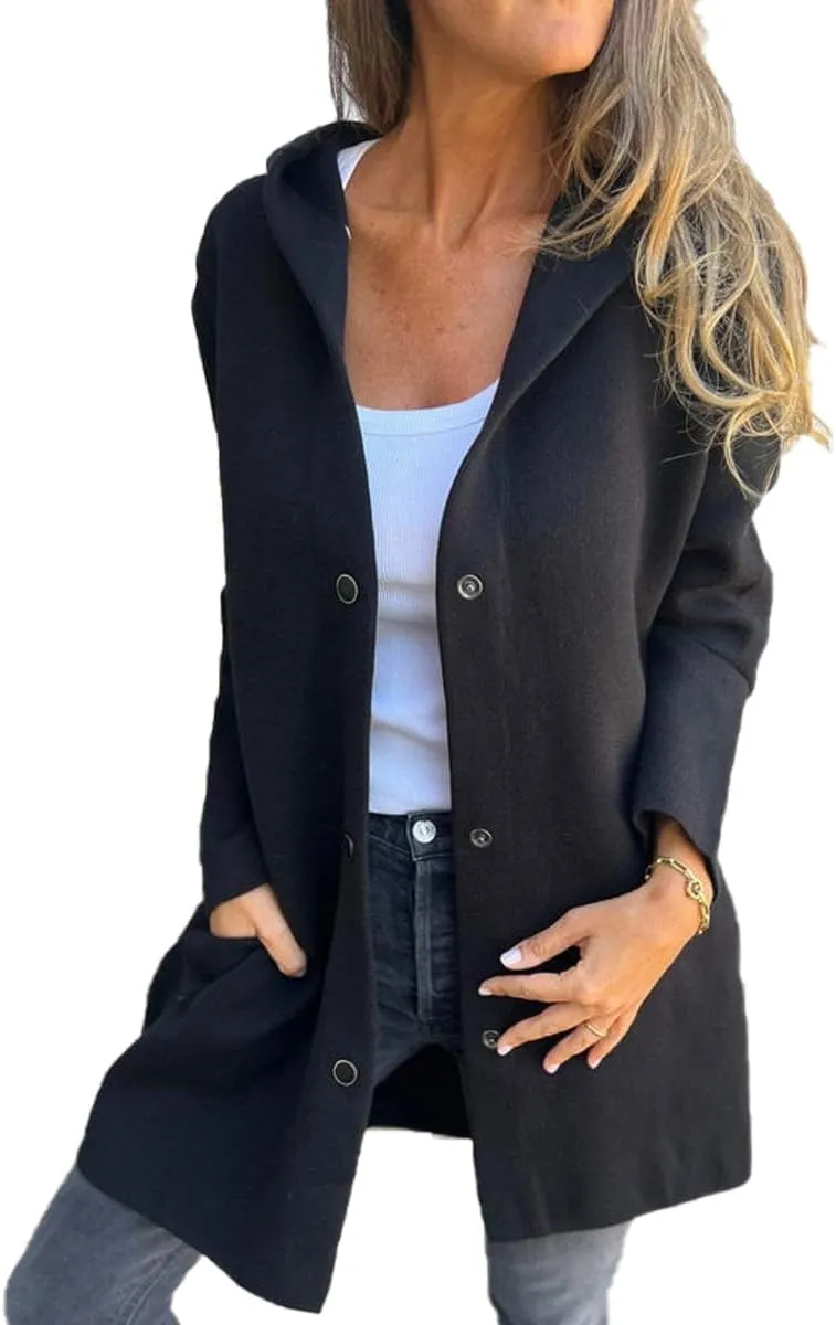 Womens Jackets Casual Single Breasted Hooded Jacket Lapel Neck Long Sleeve Solid Color Trench Coat for Women 2024
