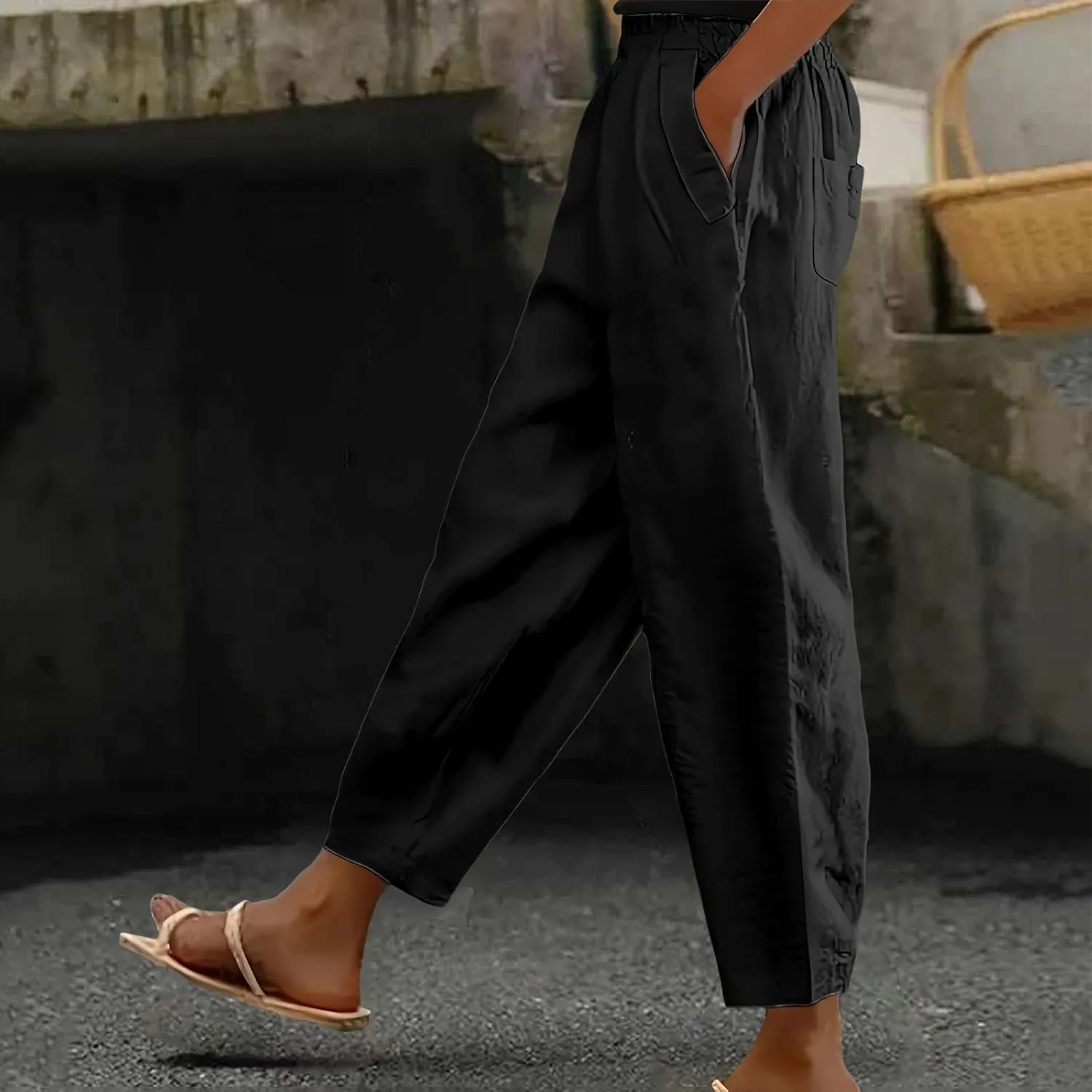 Women's Linen Boho Pants Loose Elastic Waist Wide Leg Lounge Harem Pants Summer Casual Beach Travel Vacation Trousers