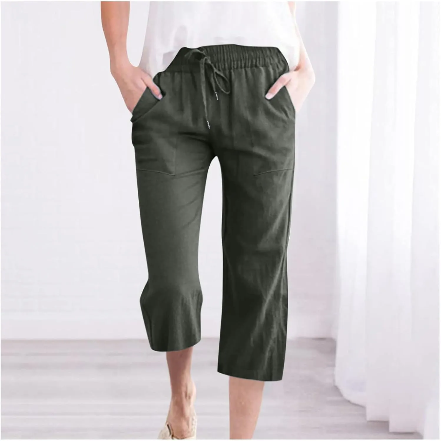Womens Linen Capri Pants Summer Casual Capris with Pockets Comfy Palazzo Short Trousers High Waisted Cropped Pants