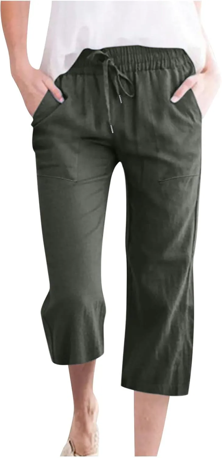 Womens Linen Capri Pants Summer Casual Capris with Pockets Comfy Palazzo Short Trousers High Waisted Cropped Pants