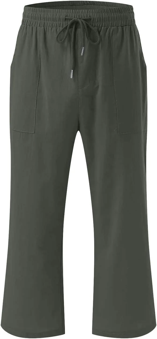 Womens Linen Capri Pants Summer Casual Capris with Pockets Comfy Palazzo Short Trousers High Waisted Cropped Pants